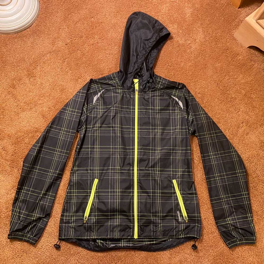 Reebok Hooded Windbreaker Jacket - Black w/ white & neon yellow, reflective